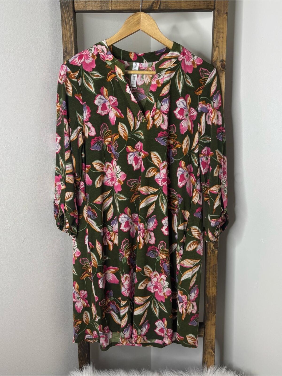 Dear Scarlett Olive Green Floral Shift Dress with Pink Blooms