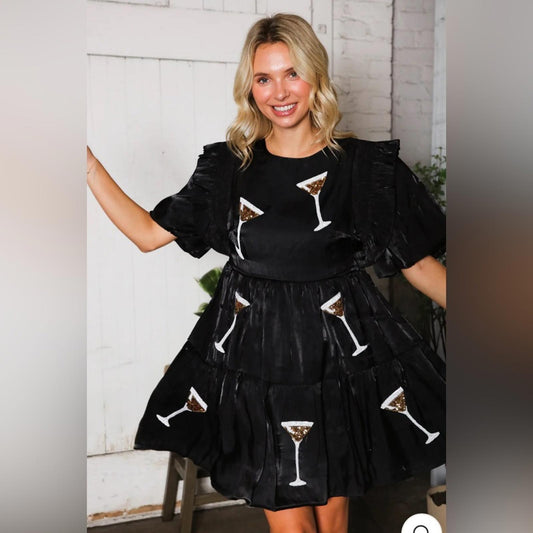 Peach Love California Black Cocktail Dress with Martini Glass Design