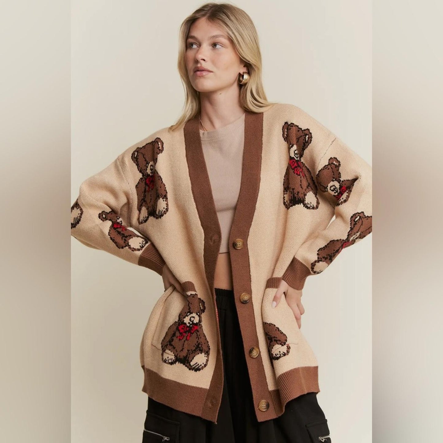 Teddy Bear Cardigan Cozy Neutral Button-Up Sweater for Fall & Winter