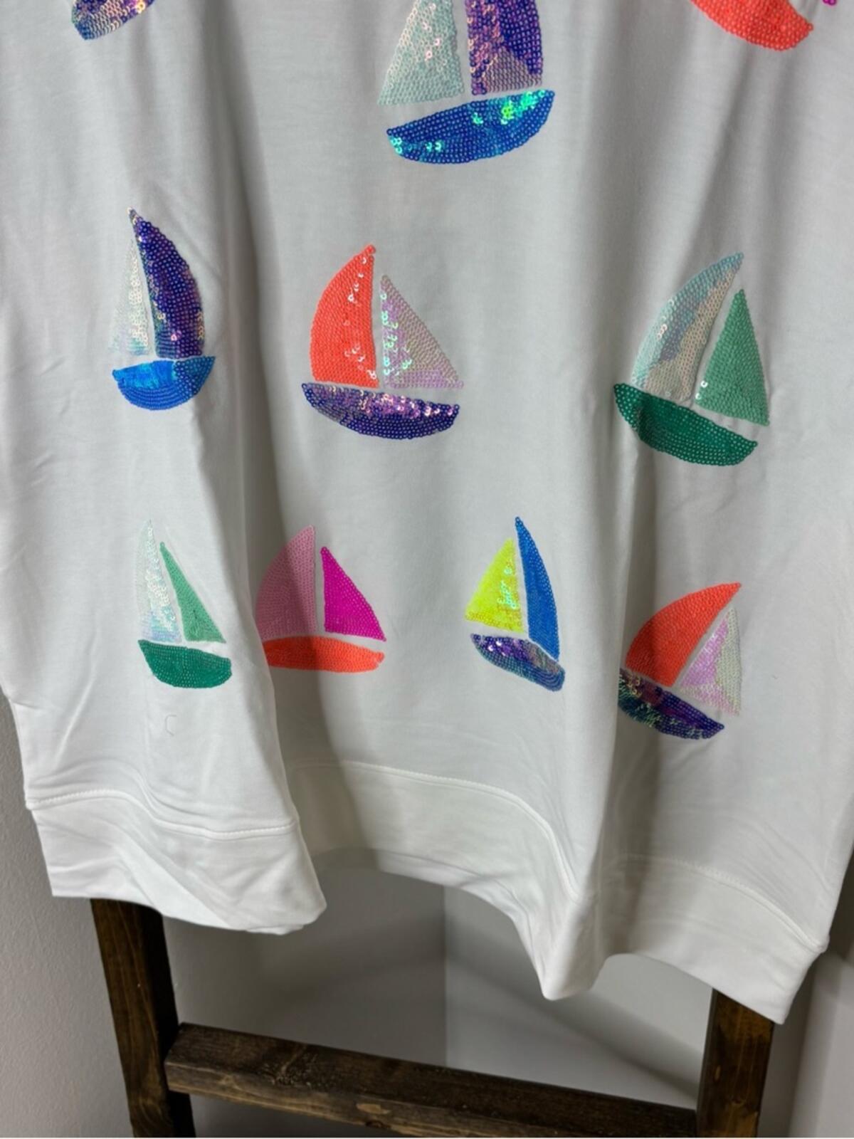 Mary Square White Sequin Sailboat Graphic Short Sleeve Tee