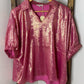 Jodifl Oversized Metallic Pink V-Neck Balloon Sleeve Top