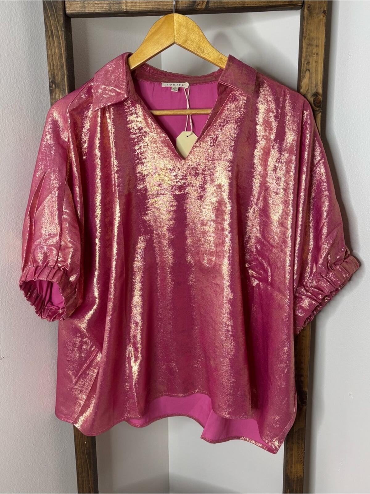 Jodifl Oversized Metallic Pink V-Neck Balloon Sleeve Top