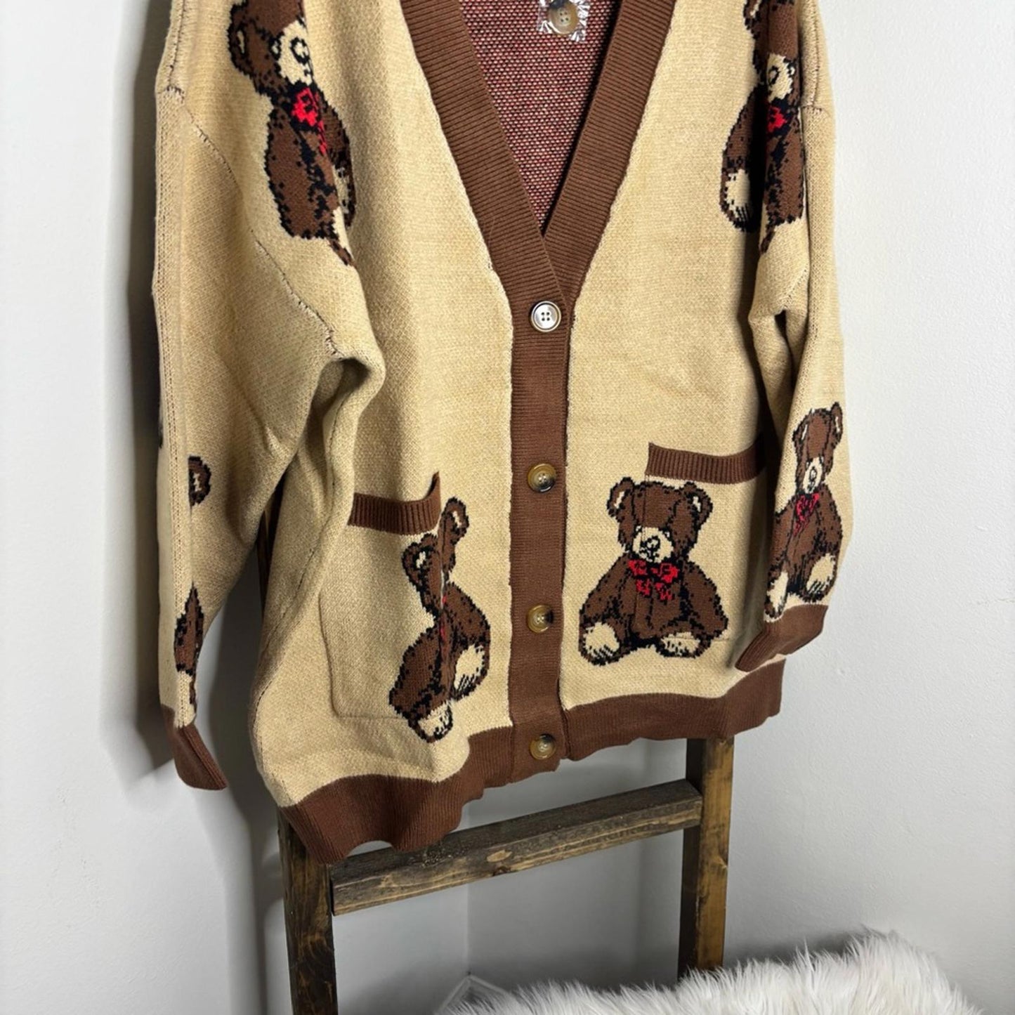 Teddy Bear Cardigan Cozy Neutral Button-Up Sweater for Fall & Winter