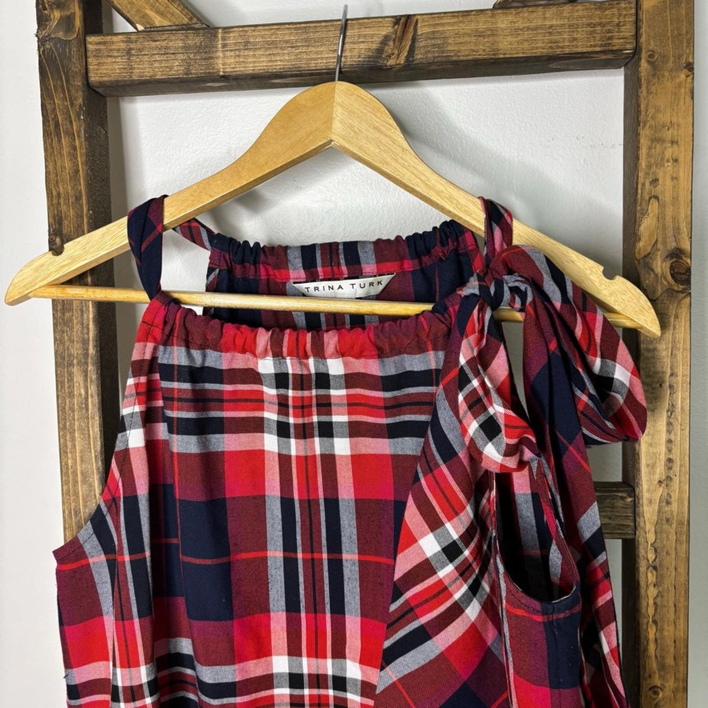 Trina Turk Plaid Halter Top Shoulder Tie Detail