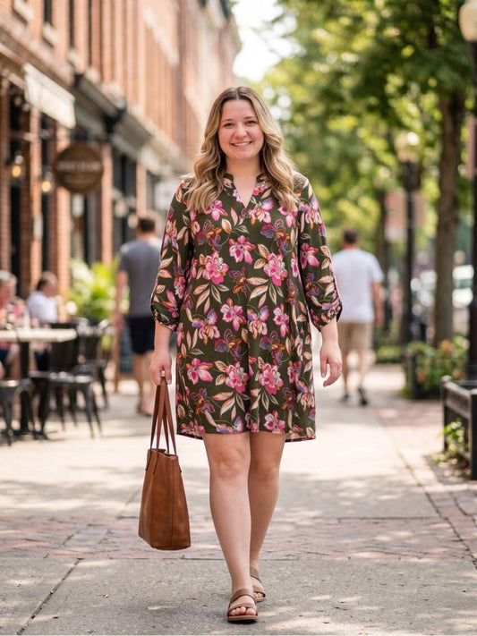 Dear Scarlett Olive Green Floral Shift Dress with Pink Blooms