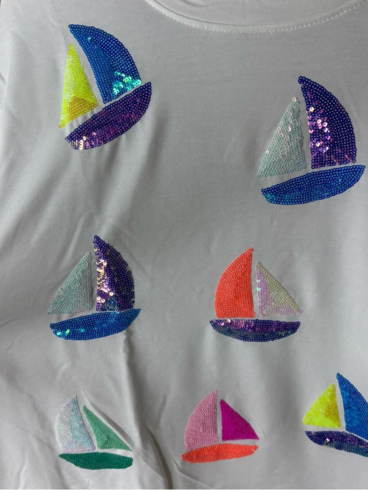 Mary Square White Sequin Sailboat Graphic Short Sleeve Tee