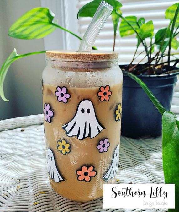 Ghosts with Flowers Glass Coffee Cup With Lid & Straw