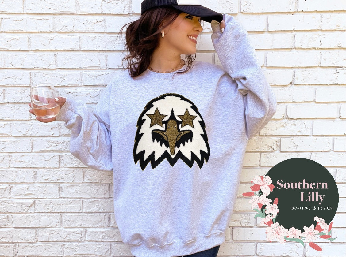 Eagle Mascot Chenille Patch Sweatshirt, School Spirit Sweatshirt, Eagles Mascot School Sweatshirt, Preppy School Sweatshirt