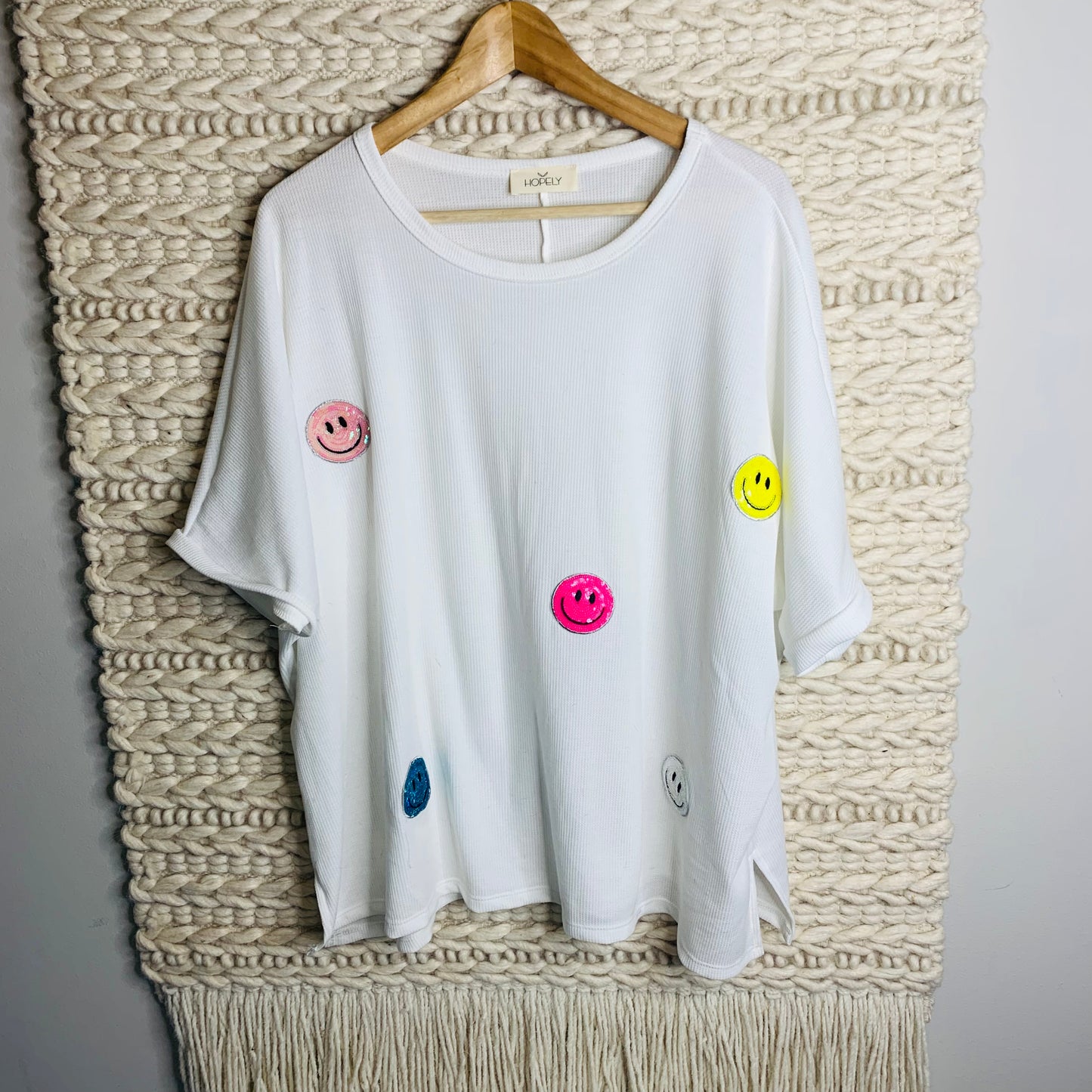 Waffle Knit Sequin Smiley Oversized Top