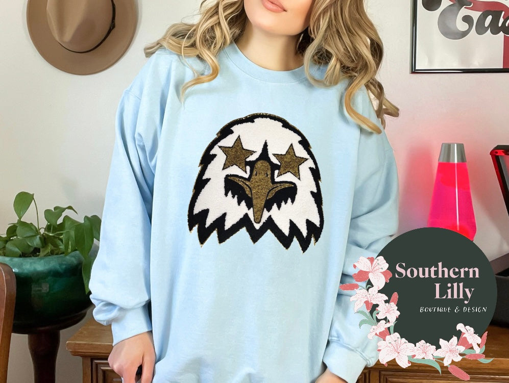 Eagle Mascot Chenille Patch Sweatshirt, School Spirit Sweatshirt, Eagles Mascot School Sweatshirt, Preppy School Sweatshirt