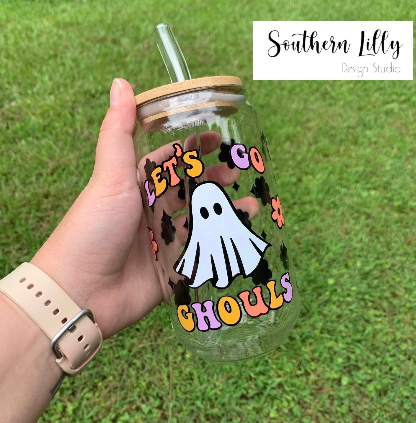 Let’s Go Ghouls 16oz Glass Cold Coffee Cup with Lid & Straw