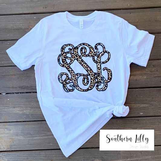 Leopard Print Huge Preppy Style Vinyl Monogram Initials Short Sleeve T-Shirt