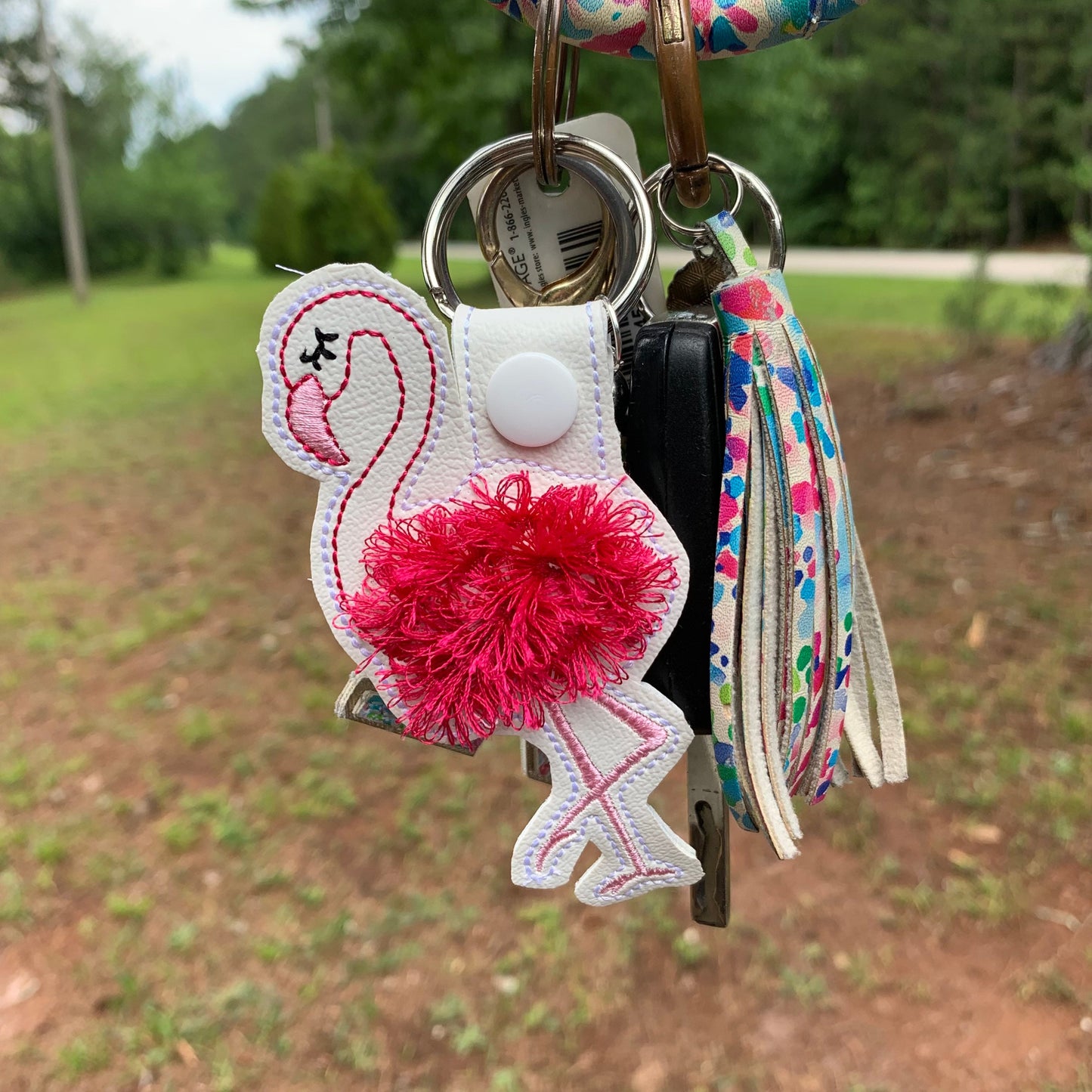 Flamingo with Fringe Keychain, Fuzzy Flamingo Keychain, Fringy Flamingo Keychain