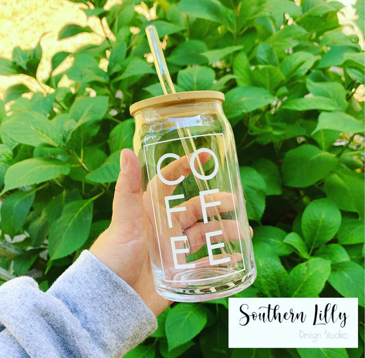 Coffee Stacked Letters Glass Cup with Lid & Straw