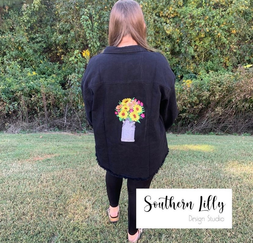 Oversized Embroidered Bouquet with Flowers Black Denim Jacket