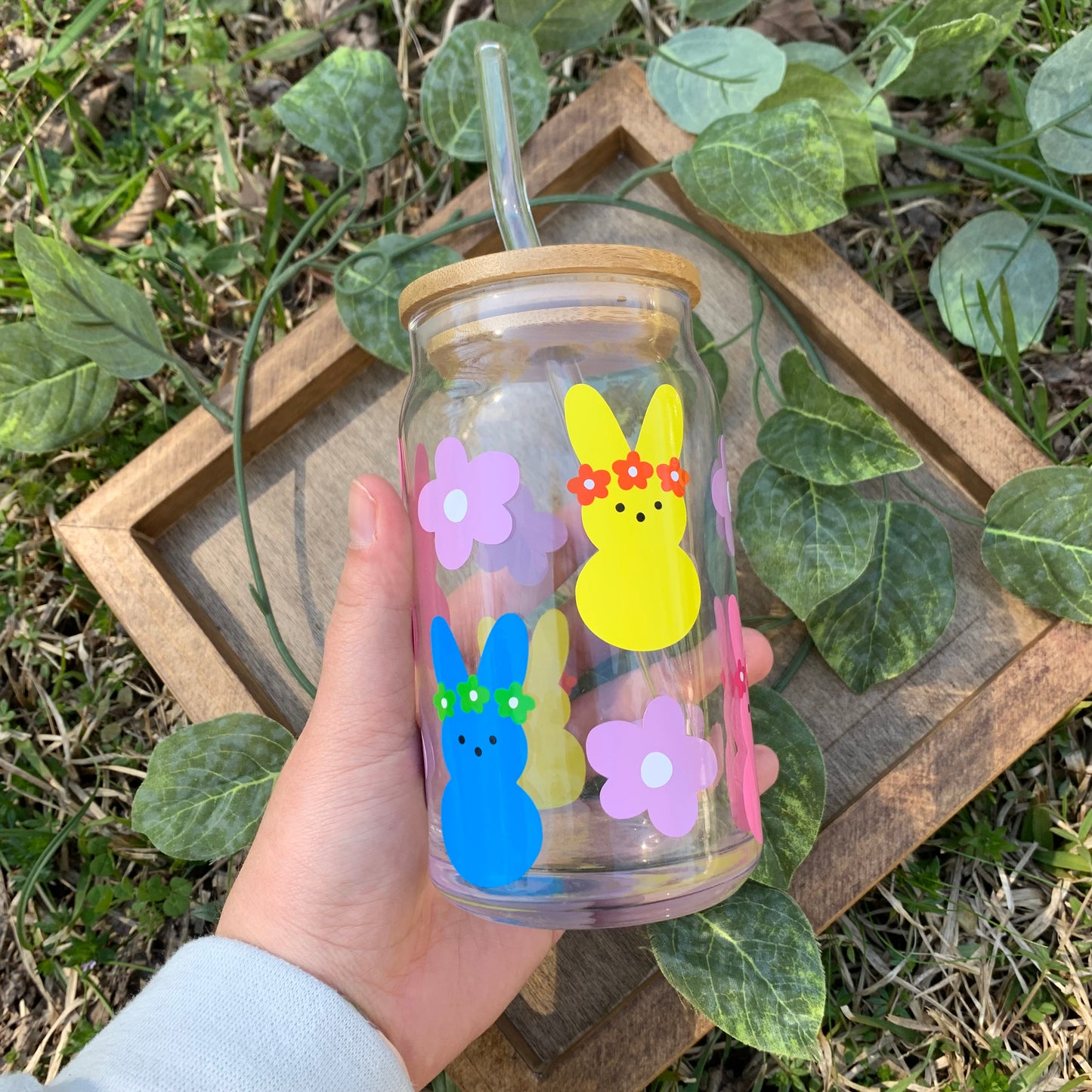 Peeps With Flowers Glass Coffee Cup With Lid & Straw