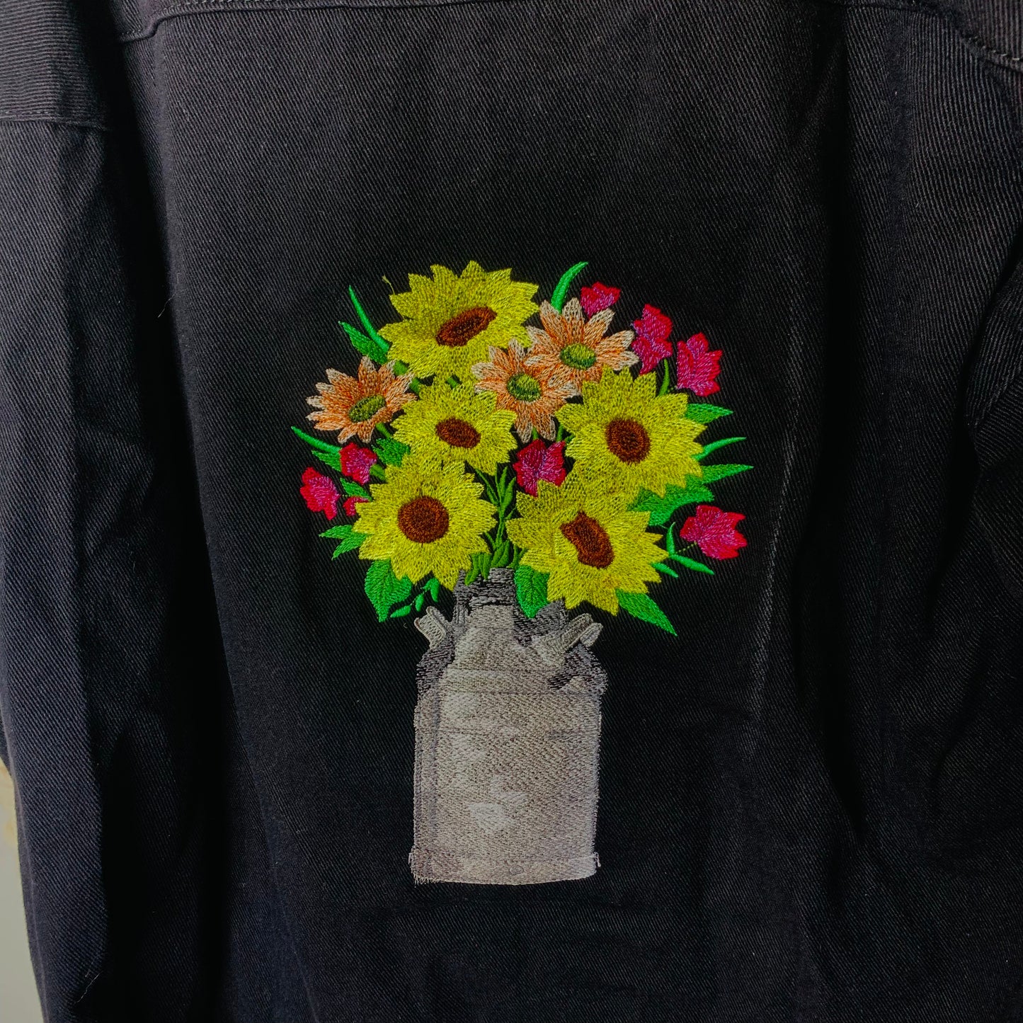 Oversized Embroidered Bouquet with Flowers Black Denim Jacket