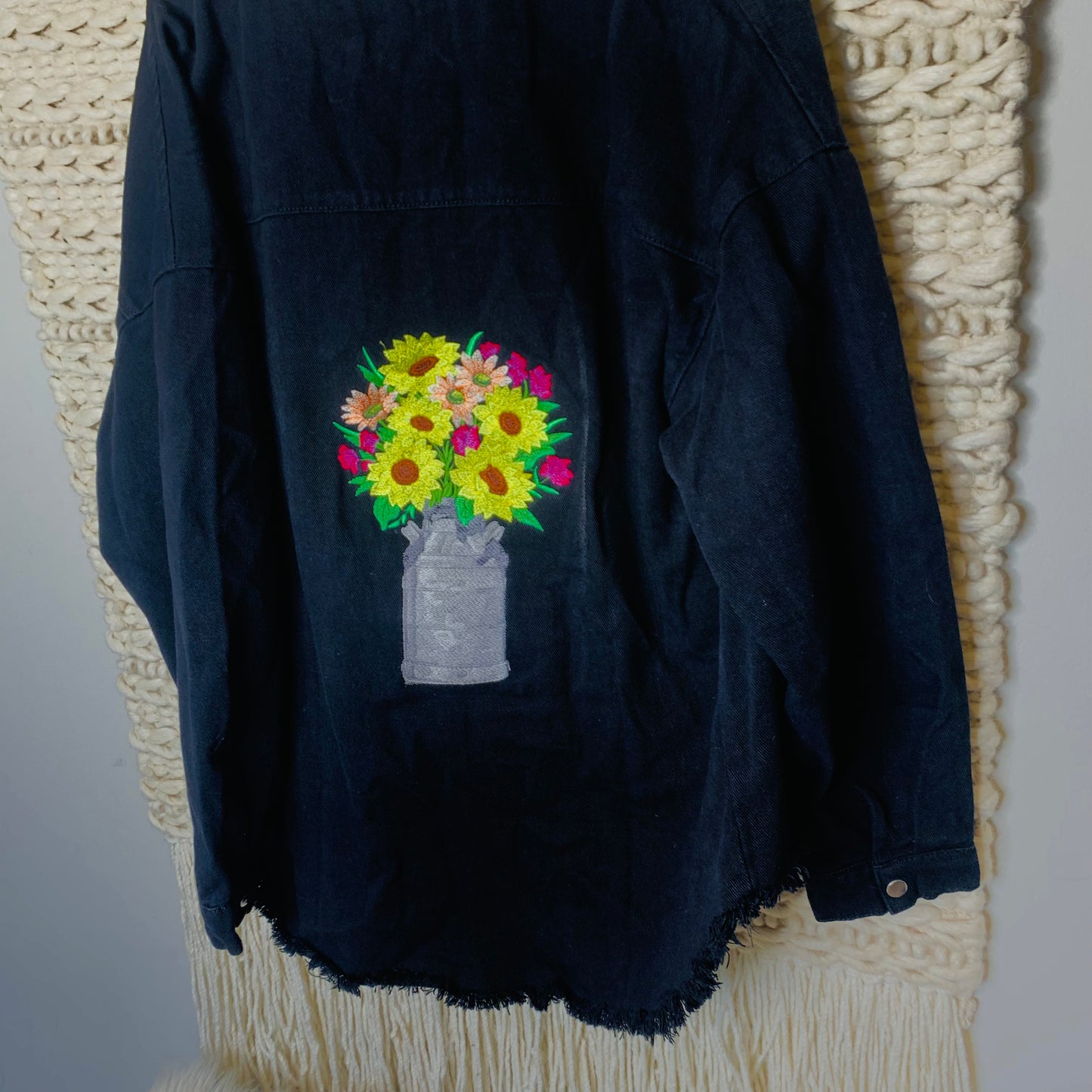 Oversized Embroidered Bouquet with Flowers Black Denim Jacket