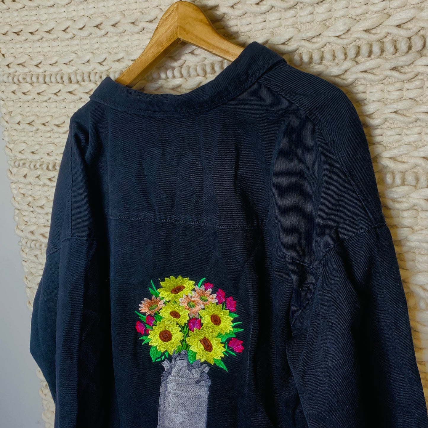 Oversized Embroidered Bouquet with Flowers Black Denim Jacket