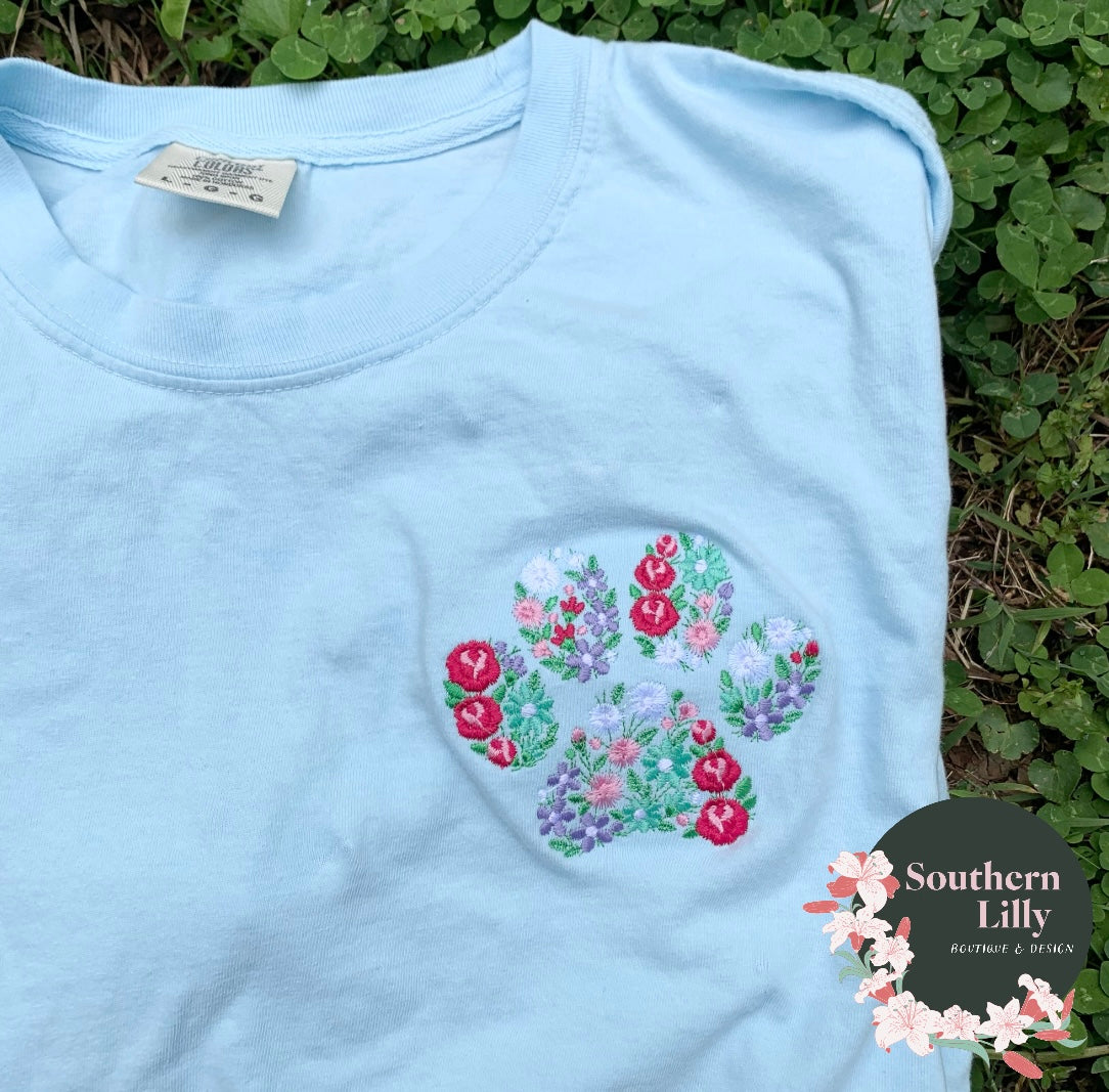 Embroidered Floral Paw Print Comfort Colors T-Shirt