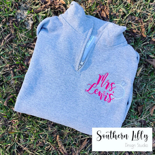 Mrs. Bride Embroidered Quarter Zip Pullover Sweatshirt