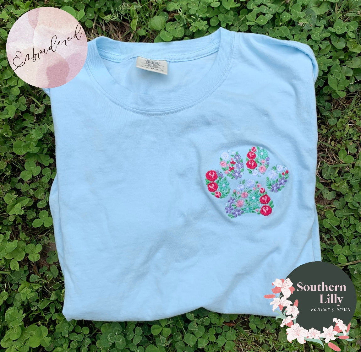 Embroidered Floral Paw Print Comfort Colors T-Shirt