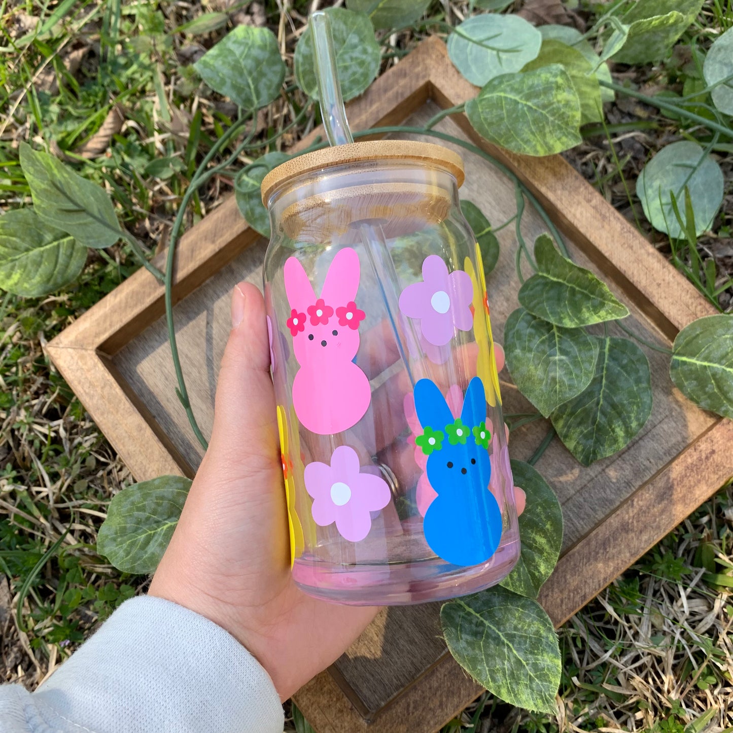 Peeps With Flowers Glass Coffee Cup With Lid & Straw