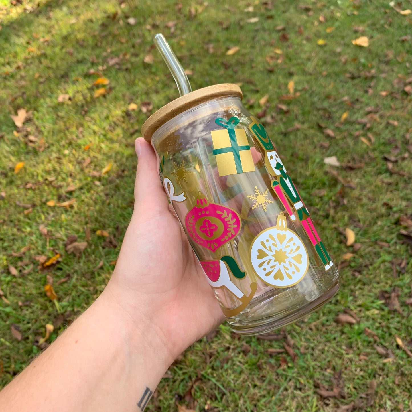 Nutcracker Christmas Scene Glass Cold Coffee Cup