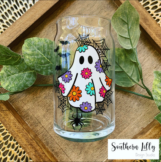 Ghost with Flowers Glass Coffee Cup With Lid & Straw